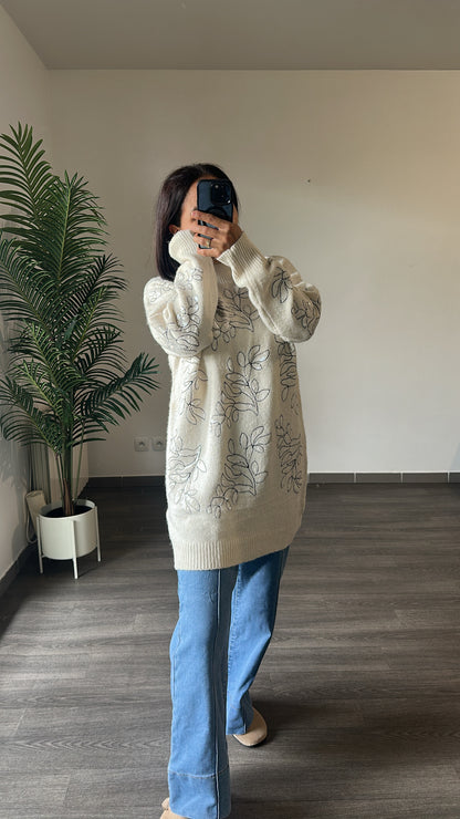 Pull Long Brodure Feuillage à Sequins