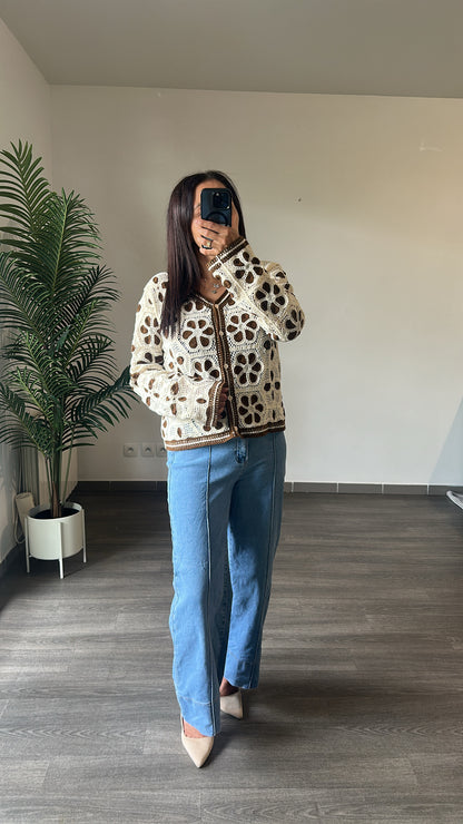 Gilet en Crochet Fleurs Marron Chocolat