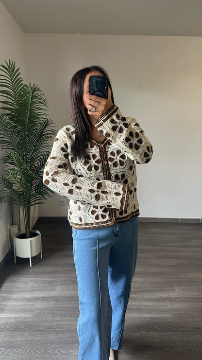 Gilet en Crochet Fleurs Marron Chocolat
