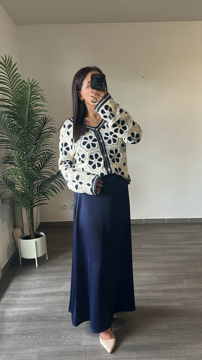 Gilet en Crochet Fleurs Bleu Marine