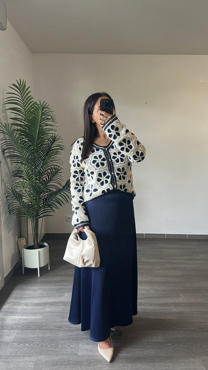 Gilet en Crochet Fleurs Bleu Marine