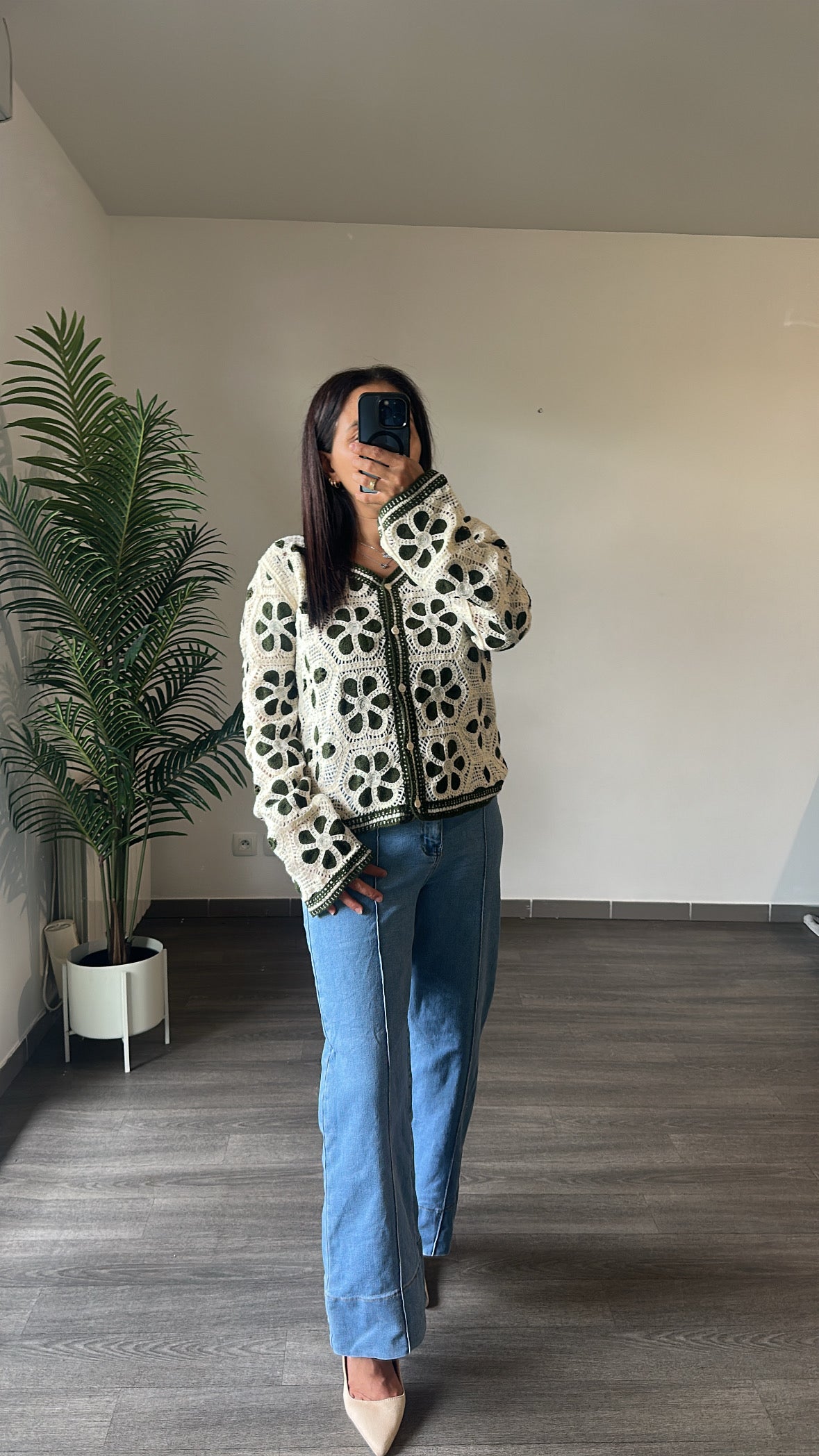 Gilet en Crochet Fleurs Vert