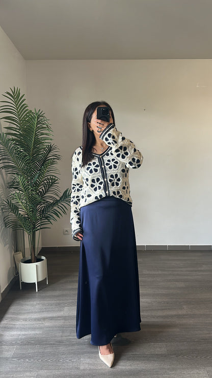 Gilet en Crochet Fleurs Bleu Marine