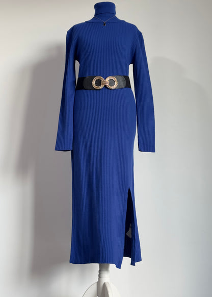 Robe longue maille col roulé bleu