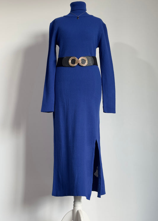 Robe longue maille col roulé bleu
