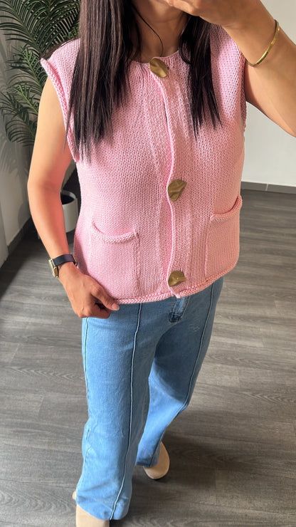 Gilet sans Manches en Maille Rose