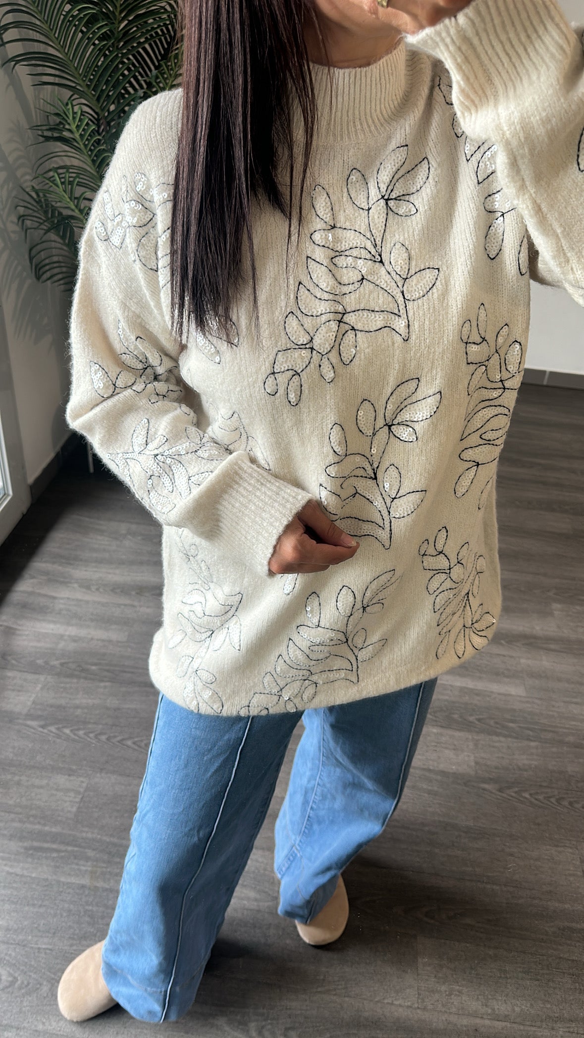 Pull Long Brodure Feuillage à Sequins