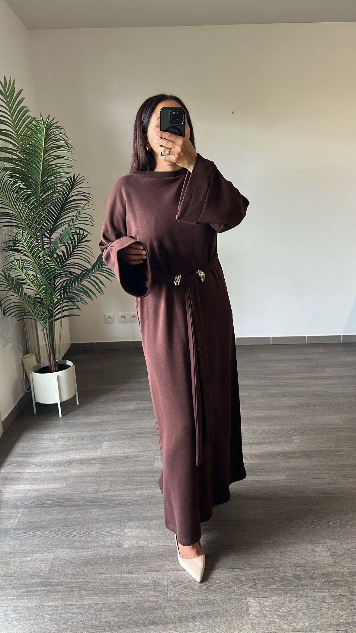 Robe longue ceinturée chocolat