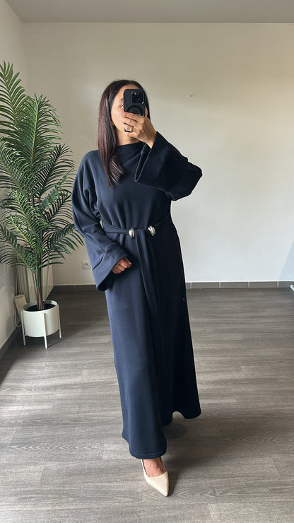 Robe longue ceinturée bleu marine