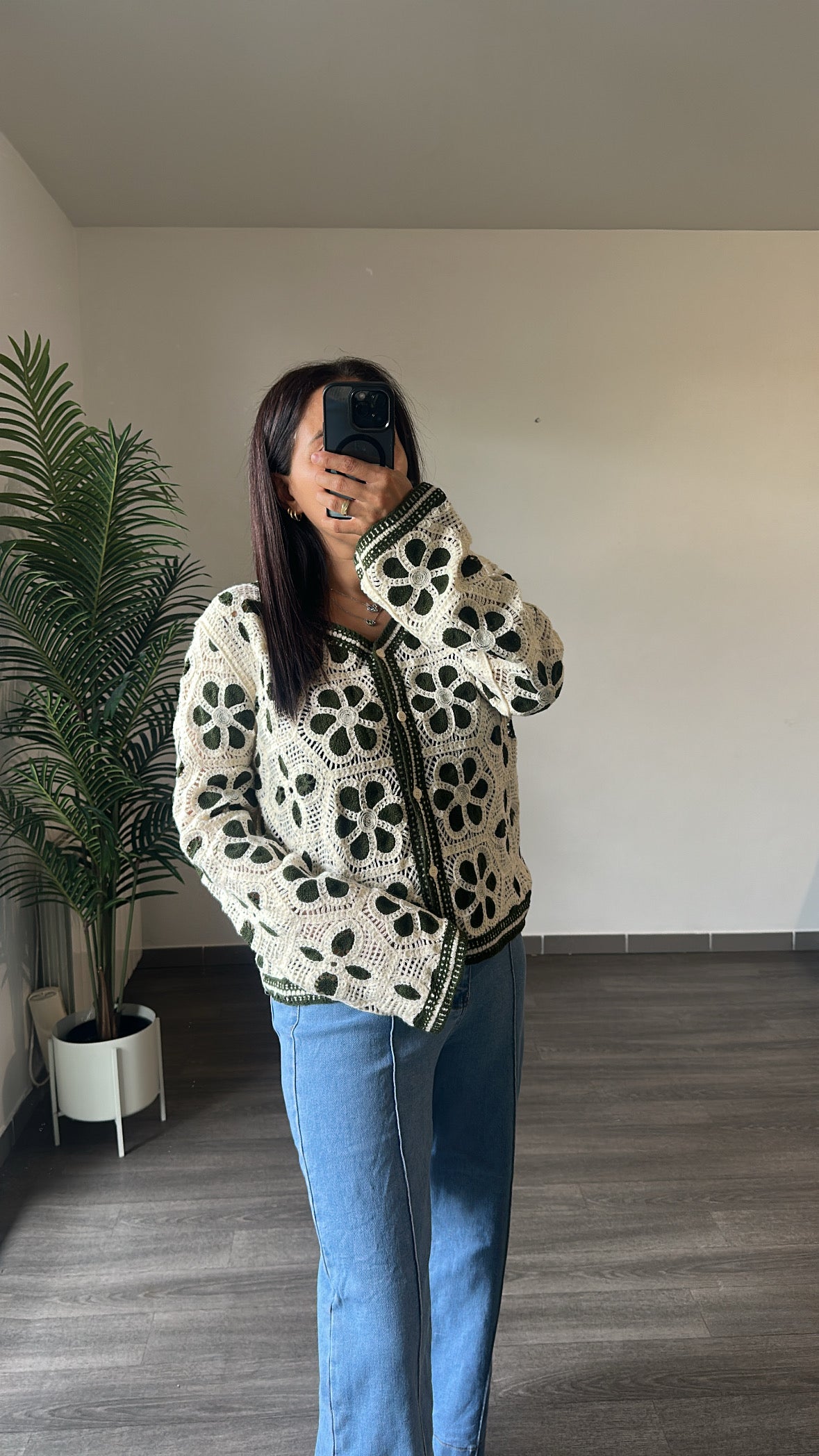 Gilet en Crochet Fleurs Vert
