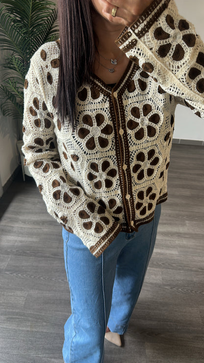 Gilet en Crochet Fleurs Marron Chocolat