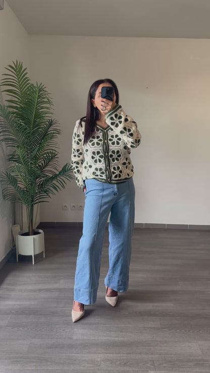 Gilet en Crochet Fleurs Vert