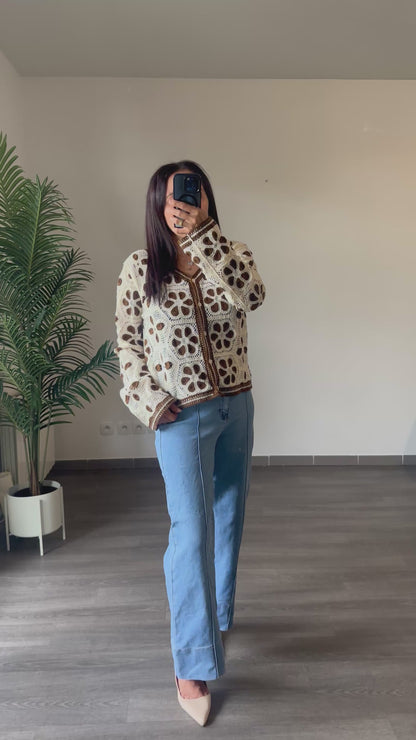 Gilet en Crochet Fleurs Marron Chocolat