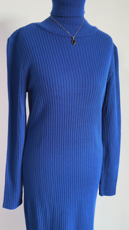 Robe longue maille col roulé bleu