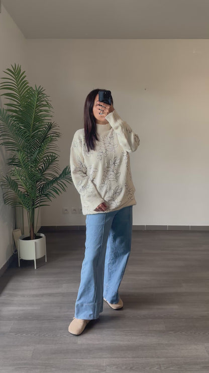 Pull Long Brodure Feuillage à Sequins