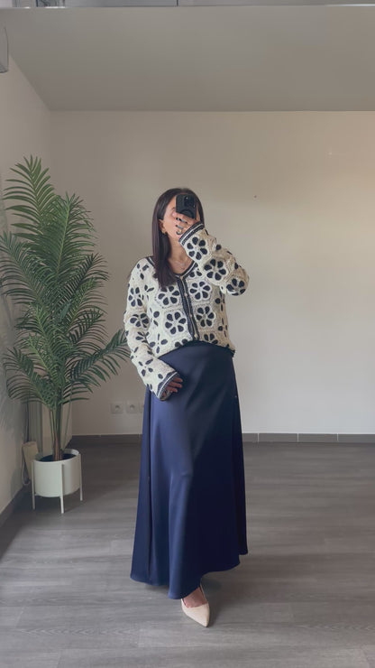 Gilet en Crochet Fleurs Bleu Marine